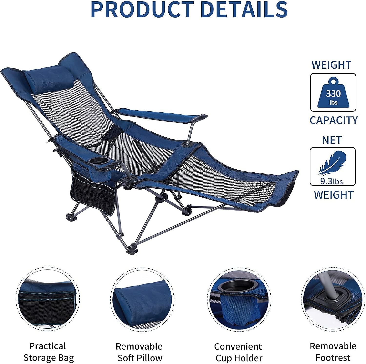 Camping Lounge Chair,Folding Reclining Camping Chair, Portable Camping Chair with Footrest,Storage Bag & Headrest, Mesh Recliner, 330Lbs Weight Capacity