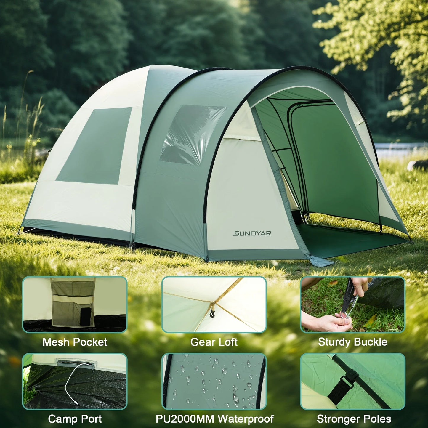 10-12 Person Tent, Family  with 2 Rooms, 4 Doors, Carry Bag, Water-Resistant, Easy up Tents for Camping/Traveling/Family Gathering/Hiking