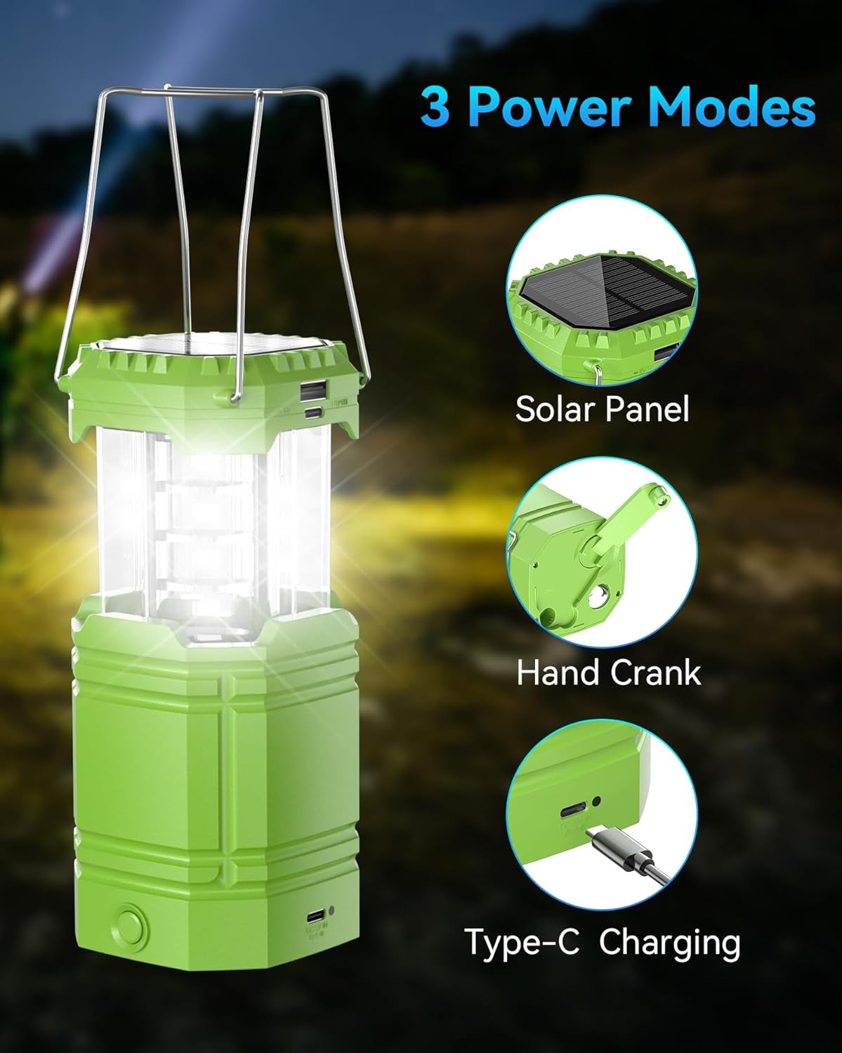 LED Lanterns for Power Outages, Hand Crank & Solar Powered Camping Lantern Flashlight, Collapsible Lanterns with USB Input & Output Port,Waterproof