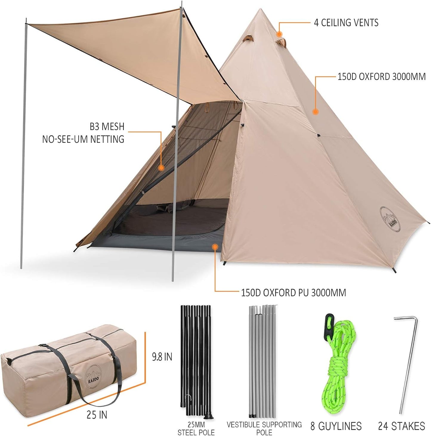 Family Camping Tent Large Waterproof Tipi Tents 8 Person Room Teepee Tent Instant Setup Double Layer