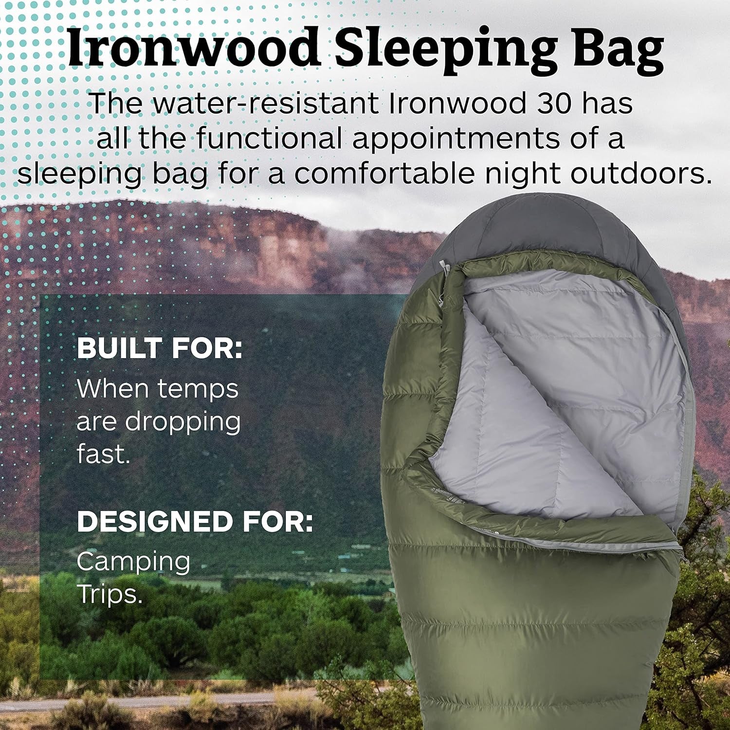 Ironwood Mummy Sleeping Bag - 650 Fill Down, Lightweight, 30-Degree Rating, Bomber Green/Steel Onyx, Regular