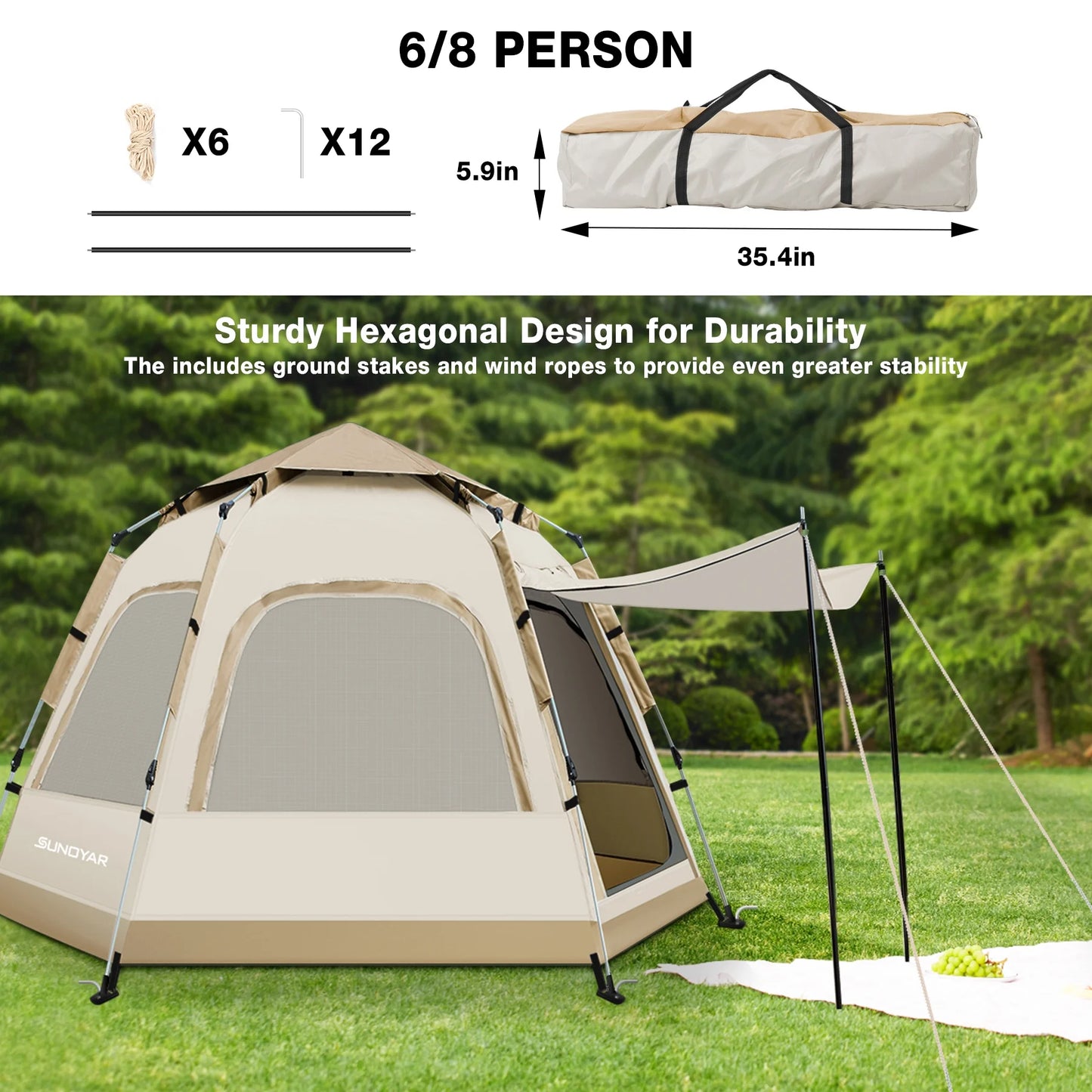 6-8 Person Tent, Instant Pop up Tent Water-Resistant, Easy Setup Camping Tent with Removable Rainfly and Carry Bag for Outdoor/Hiking/Backpacking