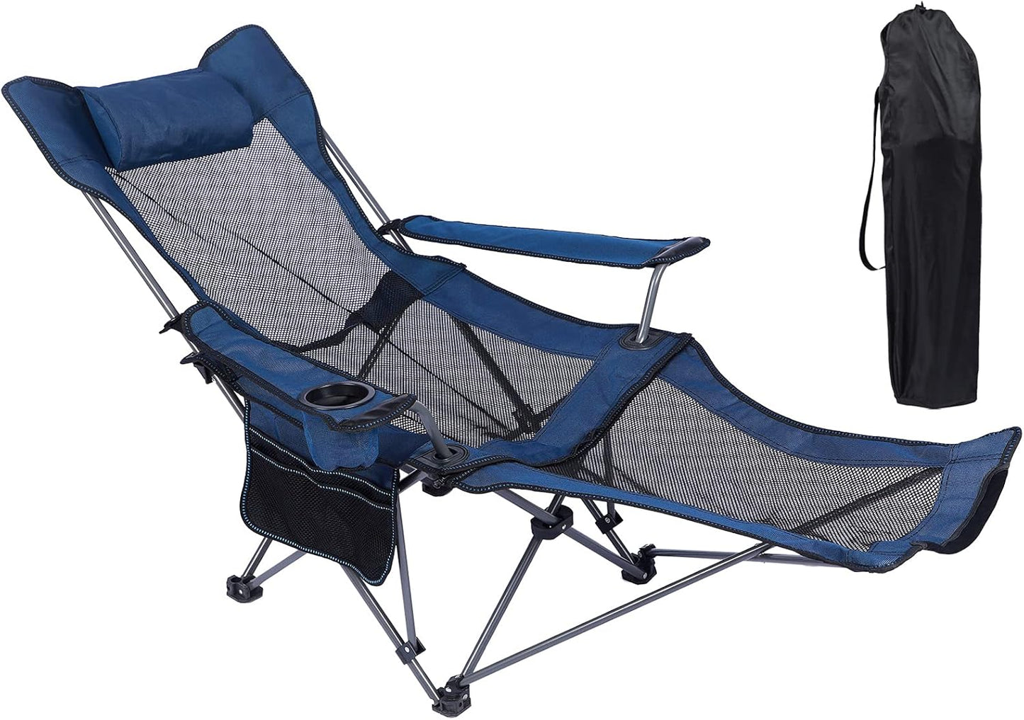 Camping Lounge Chair,Folding Reclining Camping Chair, Portable Camping Chair with Footrest,Storage Bag & Headrest, Mesh Recliner, 330Lbs Weight Capacity