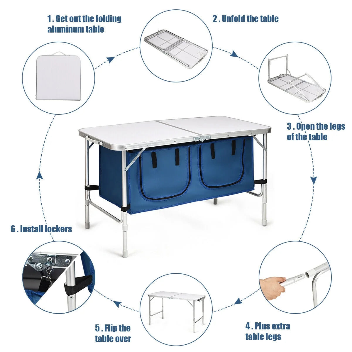 Folding Camping Table Aluminum Height Adjustable W/ Storage Organizer Dark Blue