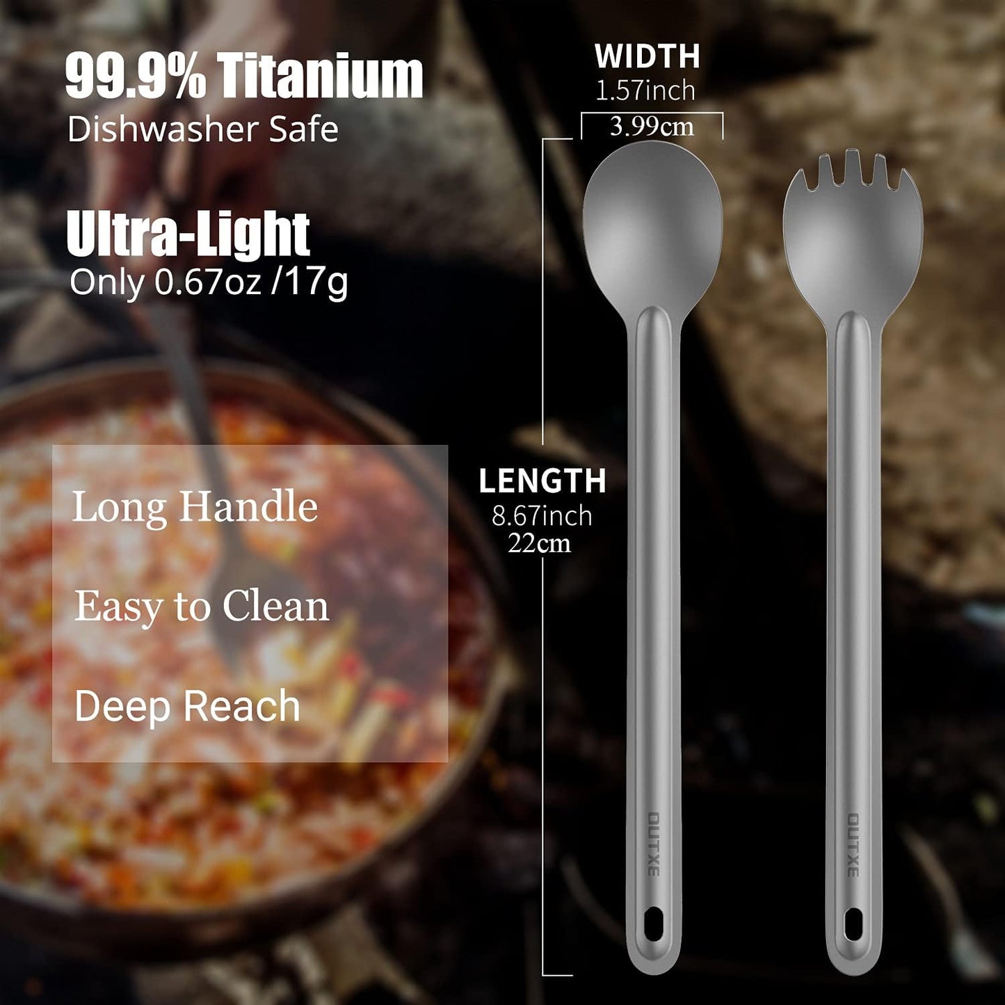 Titanium Long Handle Spork and Spoon, 8.7-Inch Camping Set