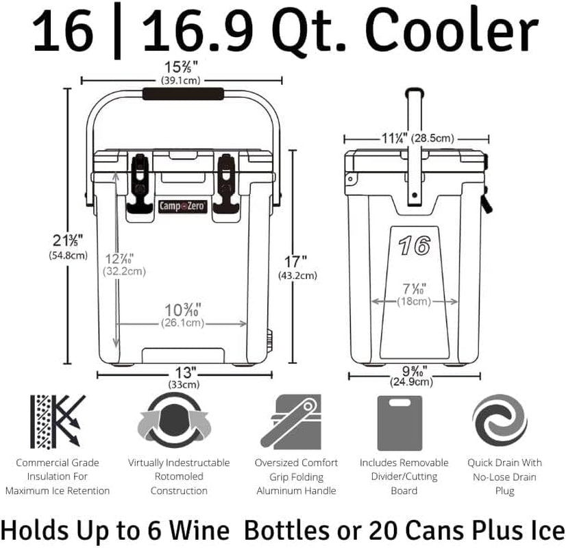 16L-16.9 Quart Portable Hard Cooler with Divider, Perfect for Drinks, Wine Bottles, Lunch, Beach, Picnics, Boating, Camping, Travel with 2 Molded-In Cup Holders and Folding Aluminum Handle