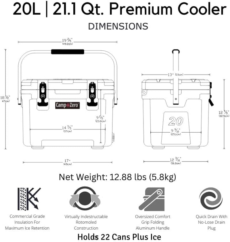 21 Quart Rotomolded Hard Cooler - Insulated Ice Chest with 4 Cup Holders - Bear-Proof Travel Ice Box for Beverage, Drink, BBQ, Fishing, Camping, Outdoor