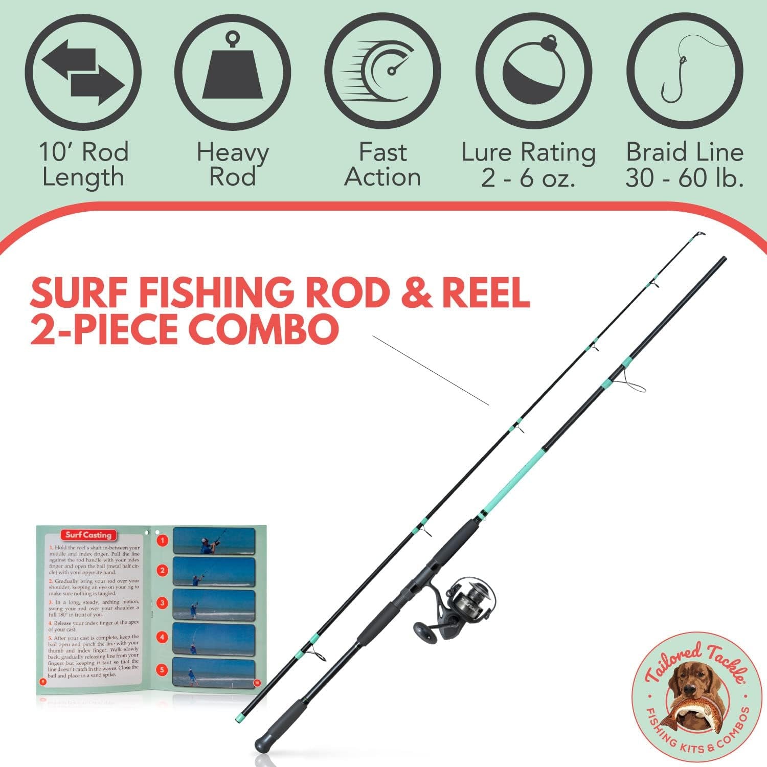 Surf Fishing Rod and Reel Combo 10 Foot Surf Rod Heavy Surfcasting Power Moderate Fast Action Tip 7000 Size XL Surf Fishing Reel Saltwater Resistant Guides