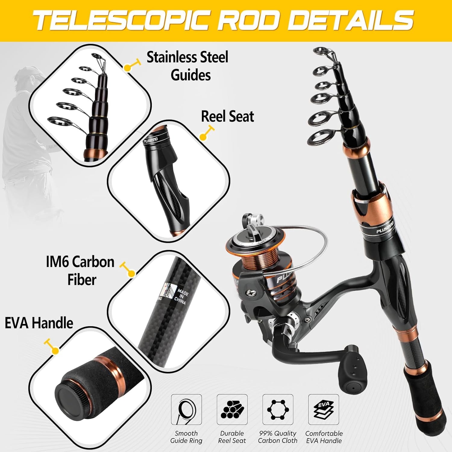 Fishing Rod and Reel Combos, Bronze Warrior Toray 24-Ton Carbon Matrix Telescopic Fishing Rod Pole, 12 +1 Shielded Bearings Stainless Steel BB Spinning Reel, Travel Freshwater Fishing Gear