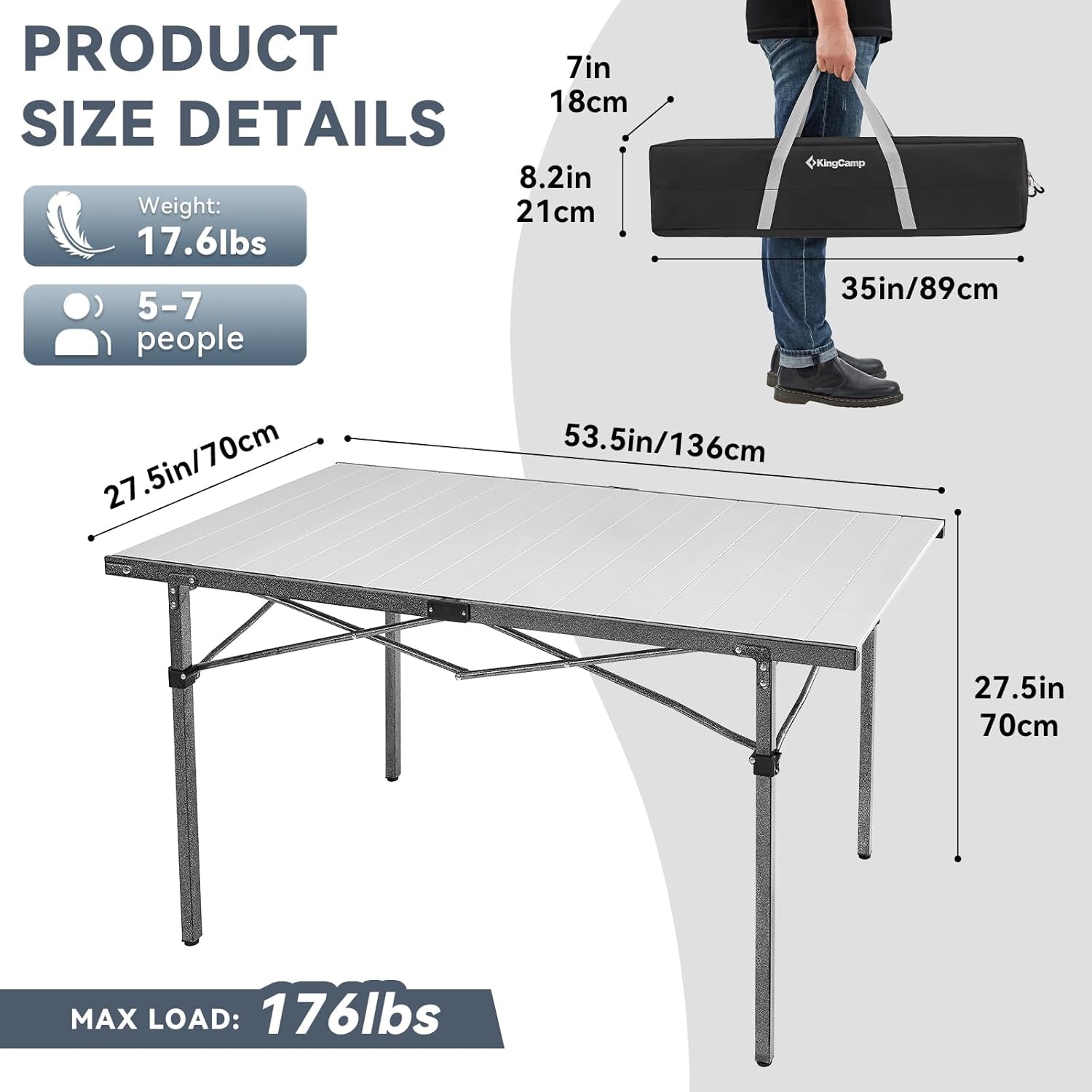 Folding Camping Table, Aluminum Roll-Up Camp Table, Large Foldable Table for 6-8 Person, Outdoor Portable Table with Carry Bag, 180 LBS Heavy Duty Load, Ideal for Picnic, Backyards, BBQ.