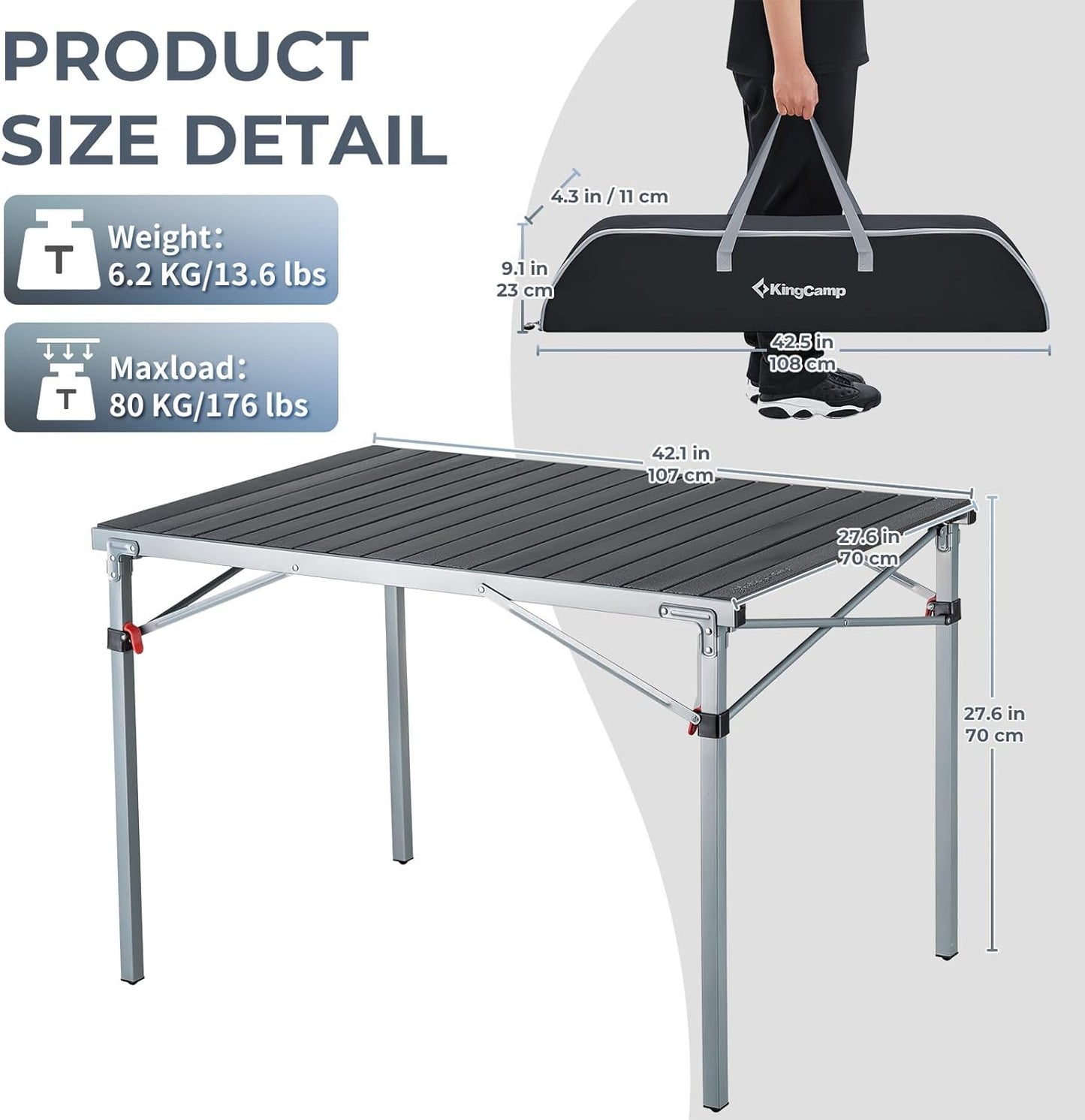 Folding Camping Table, Aluminum Roll-Up Camp Table, Large Foldable Table for 6-8 Person, Outdoor Portable Table with Carry Bag, 180 LBS Heavy Duty Load, Ideal for Picnic, Backyards, BBQ.