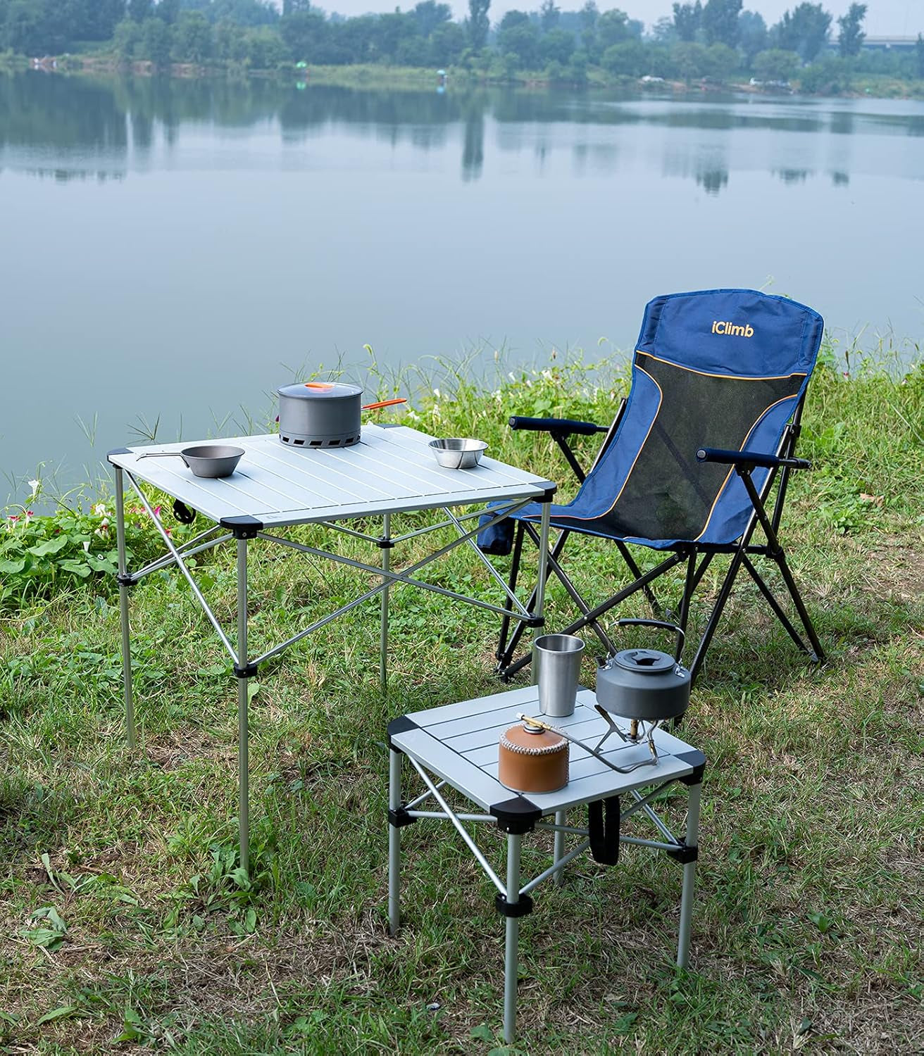 Lightweight Stable Alu. Folding Square Table Roll up Top with Carry Bag for Camping Picnic Backyards BBQ Camp Kitchen (Silver, L)