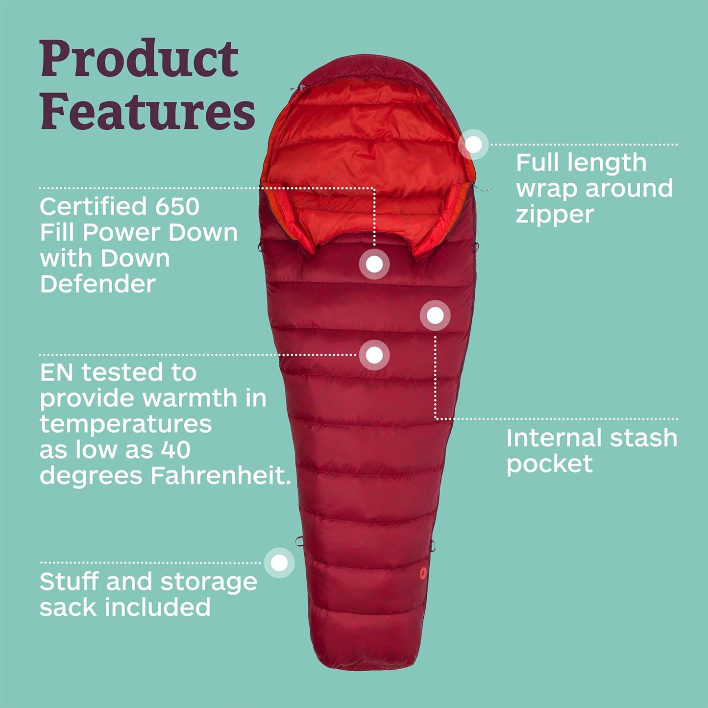 Micron 40 Sleeping Bag | Water-Resistent, Packable, Breathable, Sienna Red/Tomato, Regular