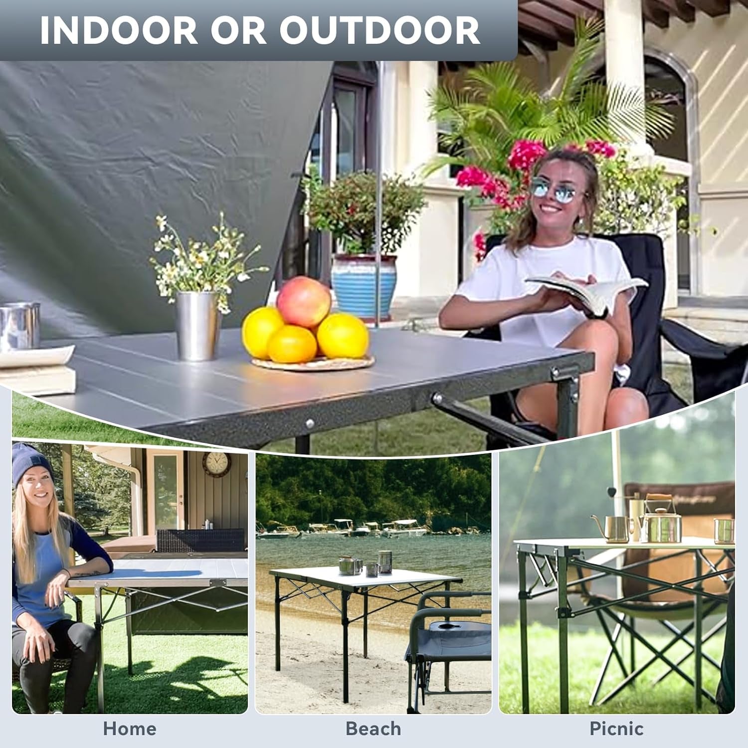 Folding Camping Table, Aluminum Roll-Up Camp Table, Large Foldable Table for 6-8 Person, Outdoor Portable Table with Carry Bag, 180 LBS Heavy Duty Load, Ideal for Picnic, Backyards, BBQ.