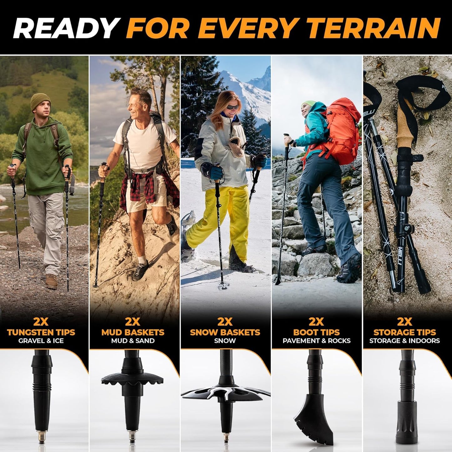 Folding Trekking Poles – Lightweight & Compact Collapsible Walking Sticks for Men & Women with Flip Locks & 4-Season All-Terrain Accessories Perfect for Travel