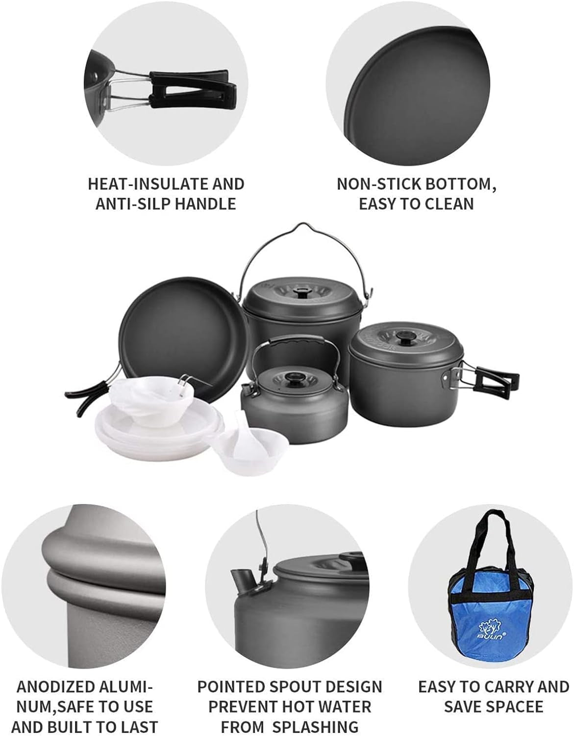 24/13/11/8/4 PCS Camping Cookware Mess Kit Lightweight Backpacking Cooking Set Outdoor Cook Gear for Family Hiking, Picnic(Kettle, Pot, Frying Pan, Bowls, Plates, Spoon)