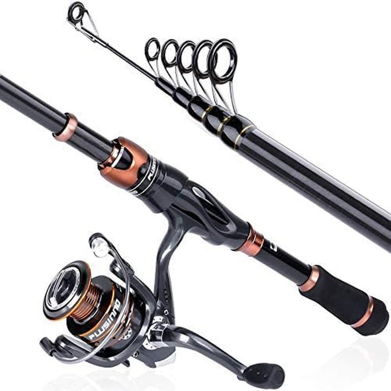 Fishing Rod and Reel Combos, Bronze Warrior Toray 24-Ton Carbon Matrix Telescopic Fishing Rod Pole, 12 +1 Shielded Bearings Stainless Steel BB Spinning Reel, Travel Freshwater Fishing Gear