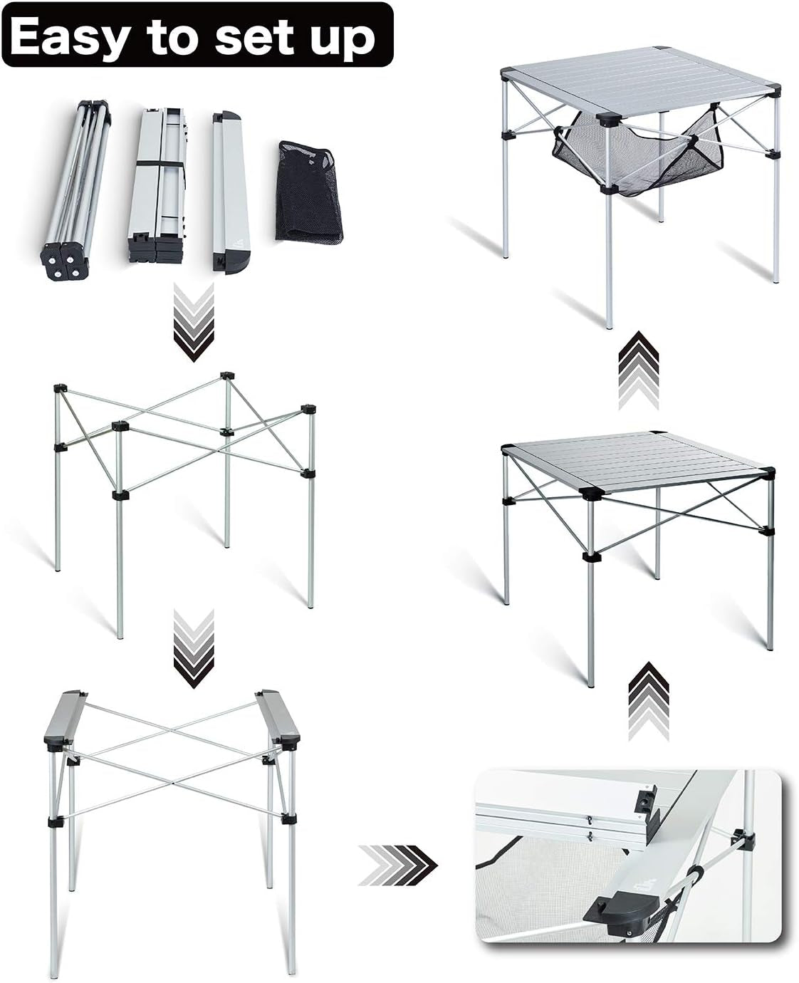 Lightweight Stable Alu. Folding Square Table Roll up Top with Carry Bag for Camping Picnic Backyards BBQ Camp Kitchen (Silver, L)