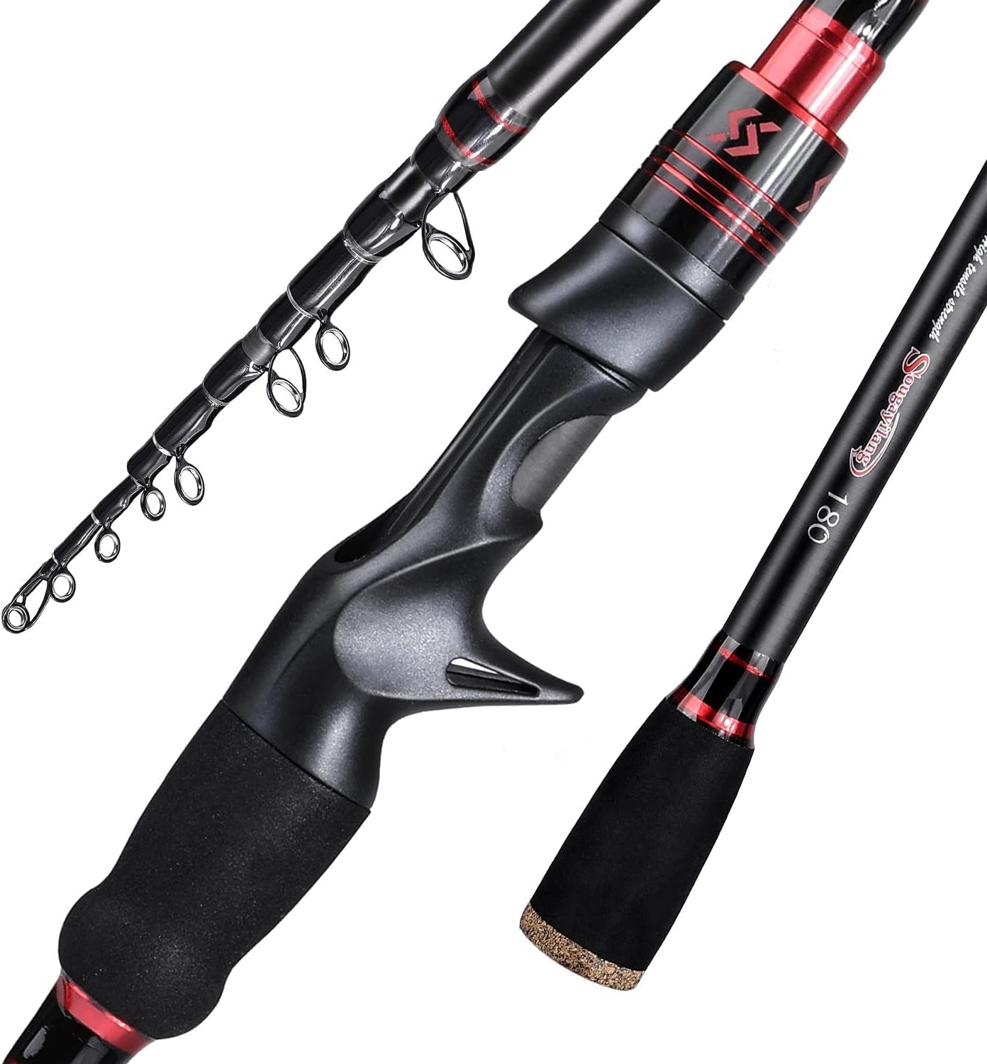 Telescopic Fishing Rod, Carbon Fiber Spinning & Casting Rod, Lightweight Fishing Pole Designed for Bass, Trout, Salmon, Steelhead, for Fresh & Saltwater-Casting 6.9FT RED