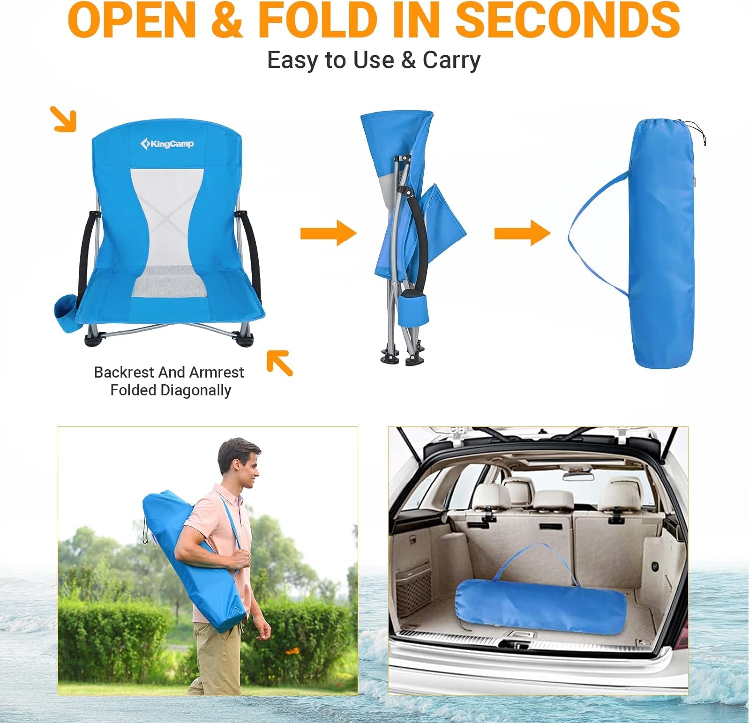 Folding Backpack Beach Chair - Portable & Heavy Duty Beach Gear with 300Lbs Capacity, Low Seat Design, Lightweight Camping Chair for Adults, Beach, Picnic, Concert & Outdoor Activities