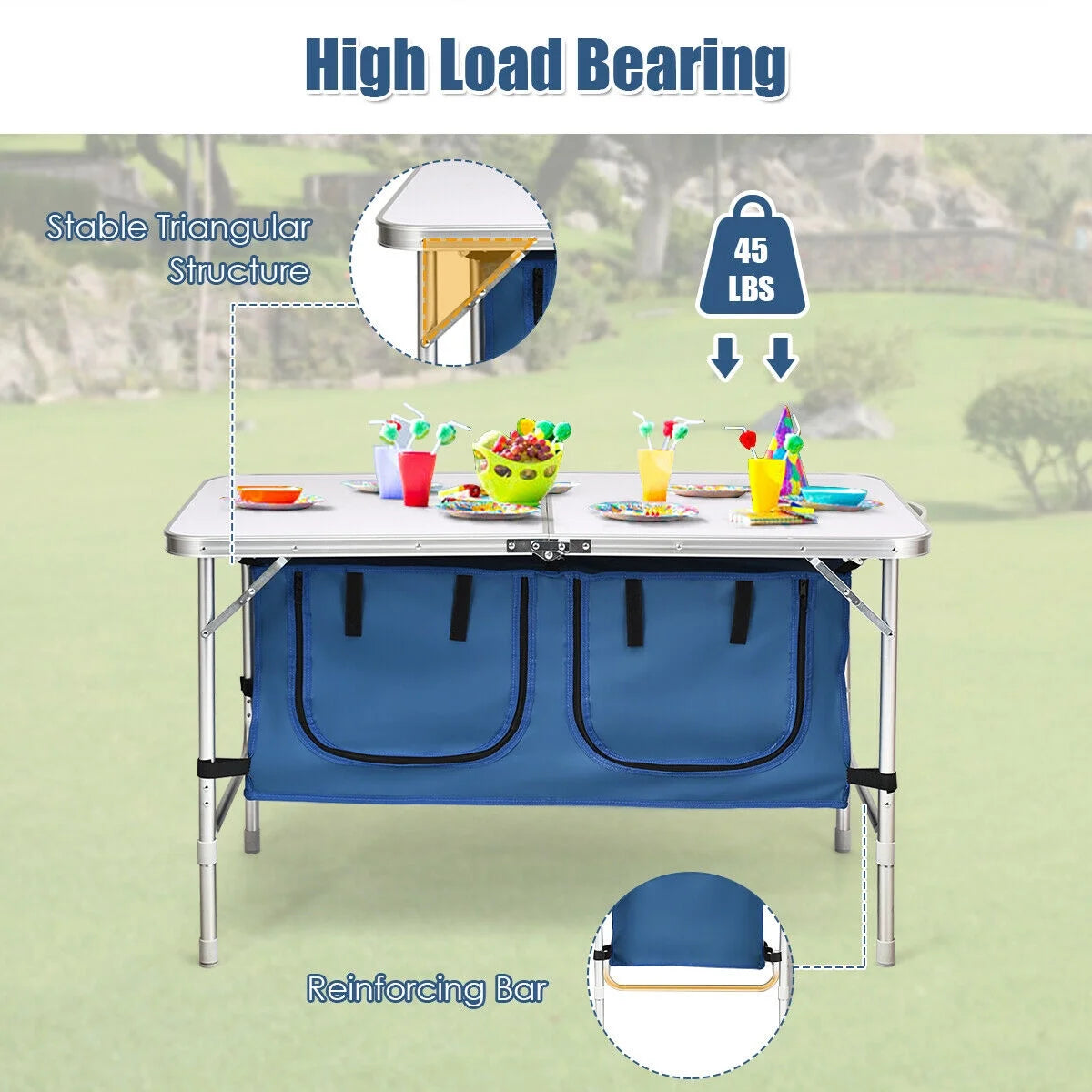 Folding Camping Table Aluminum Height Adjustable W/ Storage Organizer Dark Blue