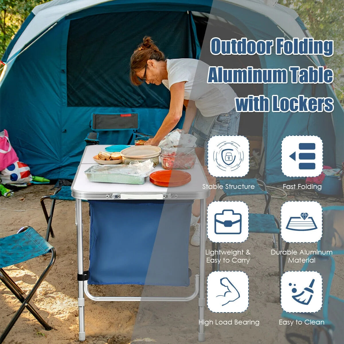 Folding Camping Table Aluminum Height Adjustable W/ Storage Organizer Dark Blue