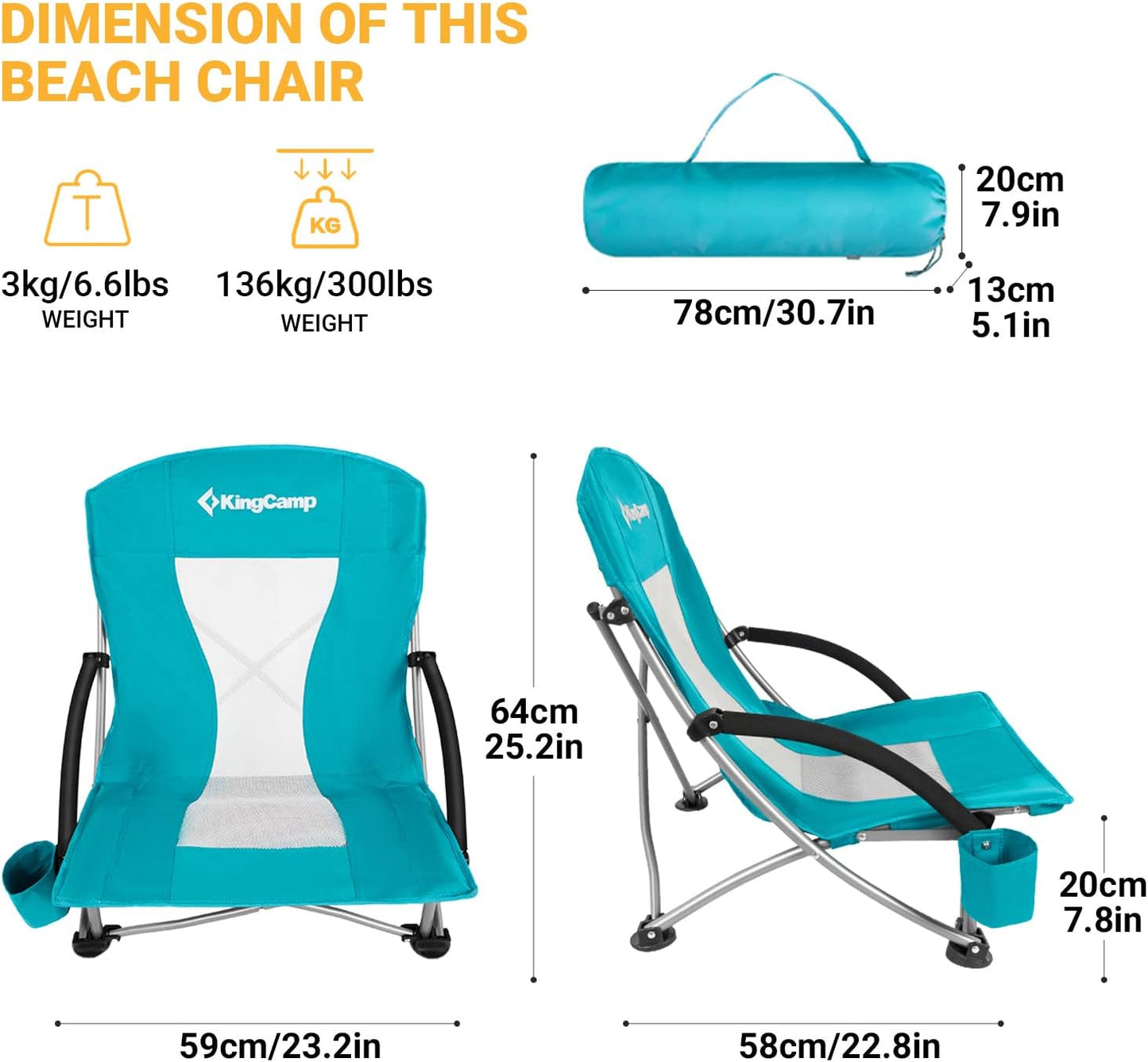 Folding Backpack Beach Chair - Portable & Heavy Duty Beach Gear with 300Lbs Capacity, Low Seat Design, Lightweight Camping Chair for Adults, Beach, Picnic, Concert & Outdoor Activities