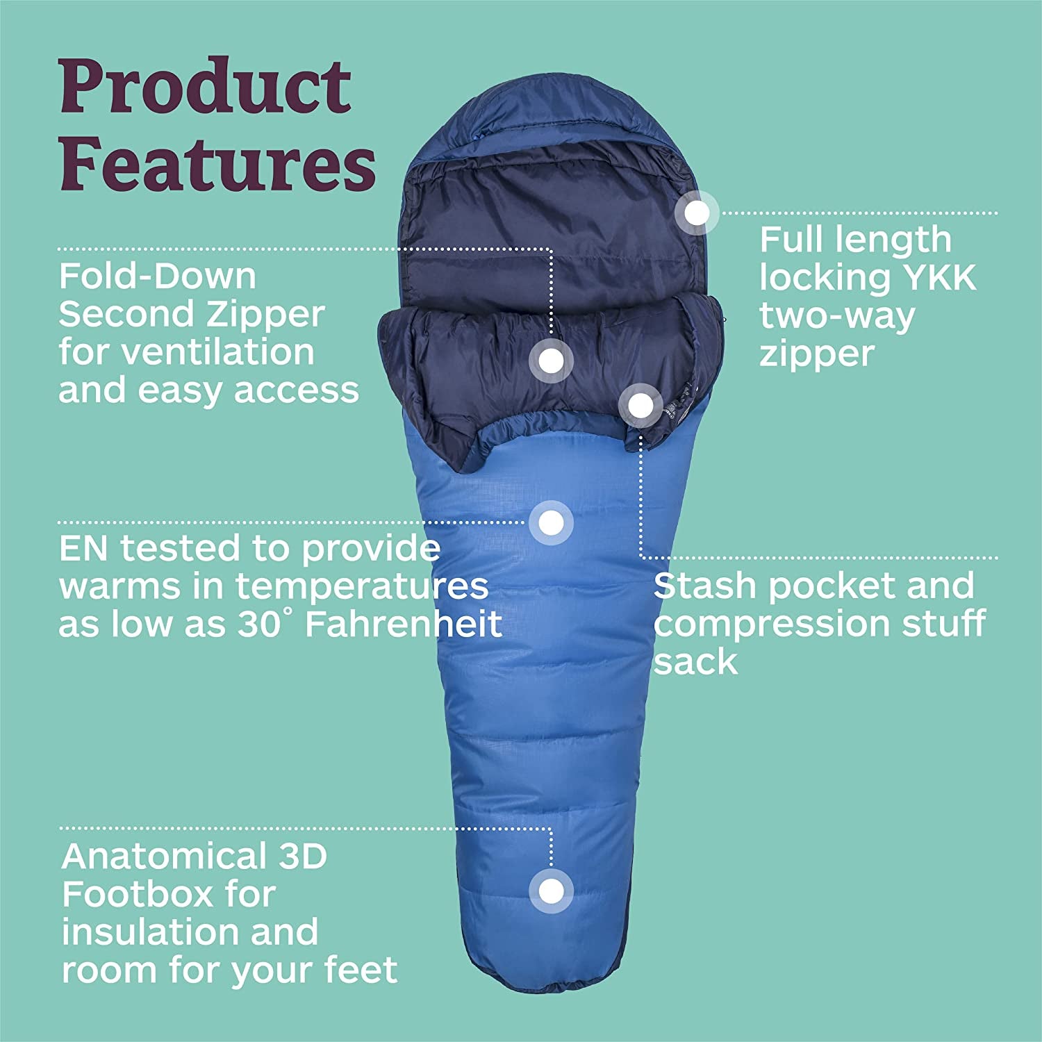 Men'S Trestles 15° Sleeping Bag | Insulated, Water-Resistant, Left-Zip, Cobalt Blue/Blue Night