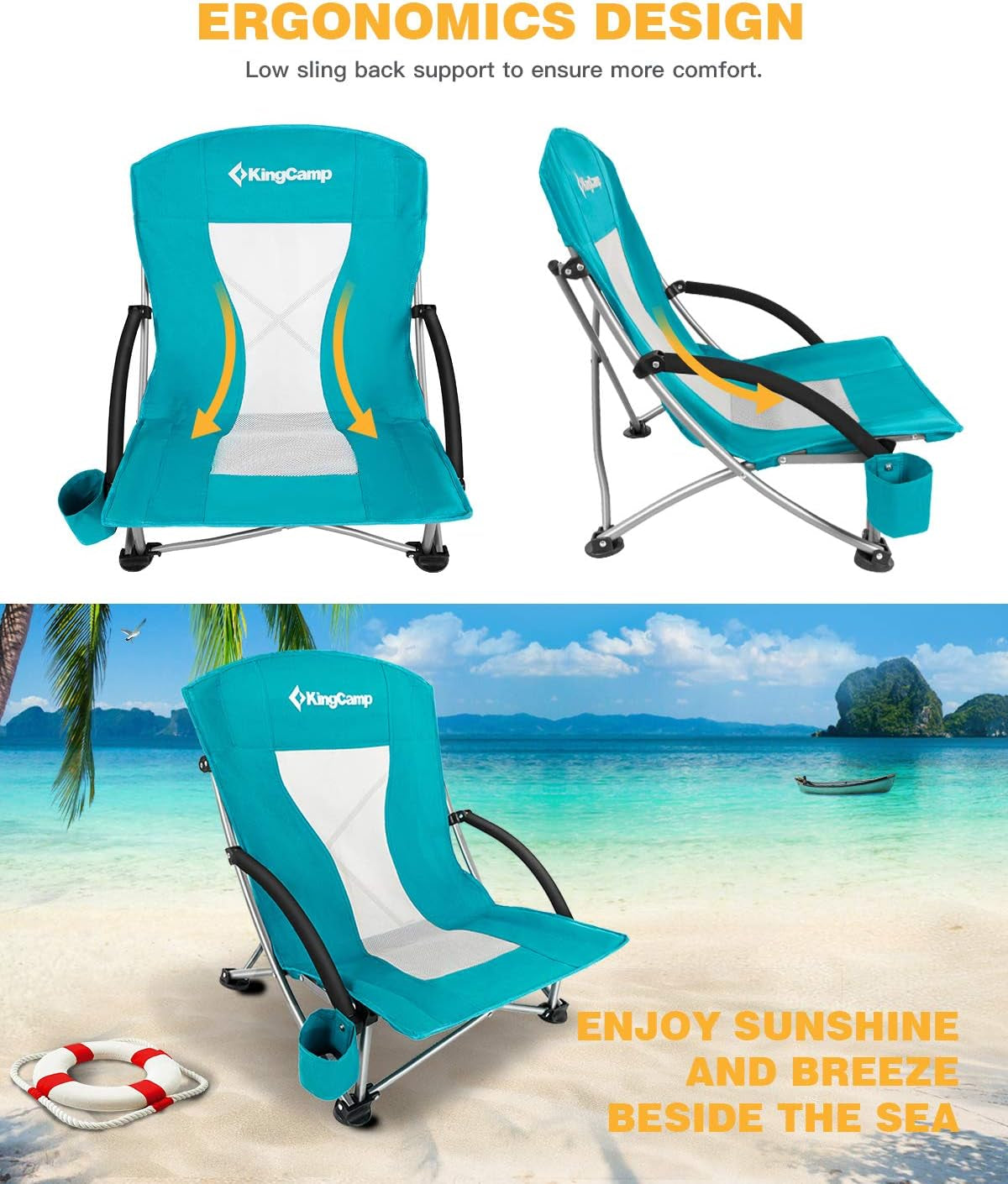 Folding Backpack Beach Chair - Portable & Heavy Duty Beach Gear with 300Lbs Capacity, Low Seat Design, Lightweight Camping Chair for Adults, Beach, Picnic, Concert & Outdoor Activities