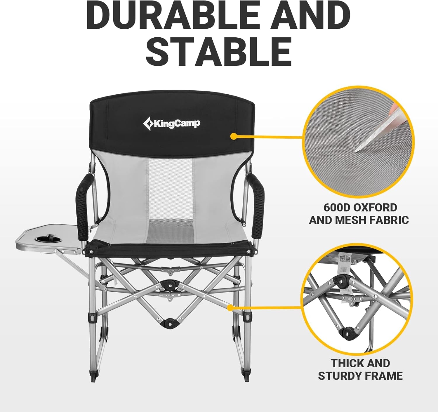 Camping Chairs for Adults Folding Chairs Camping Directors Chair with Side Table Heavy Duty Camping Chairs Supports 300Lbs for Outdoor,Camping,Lawn,Picnic,Trip(Black/Grey)