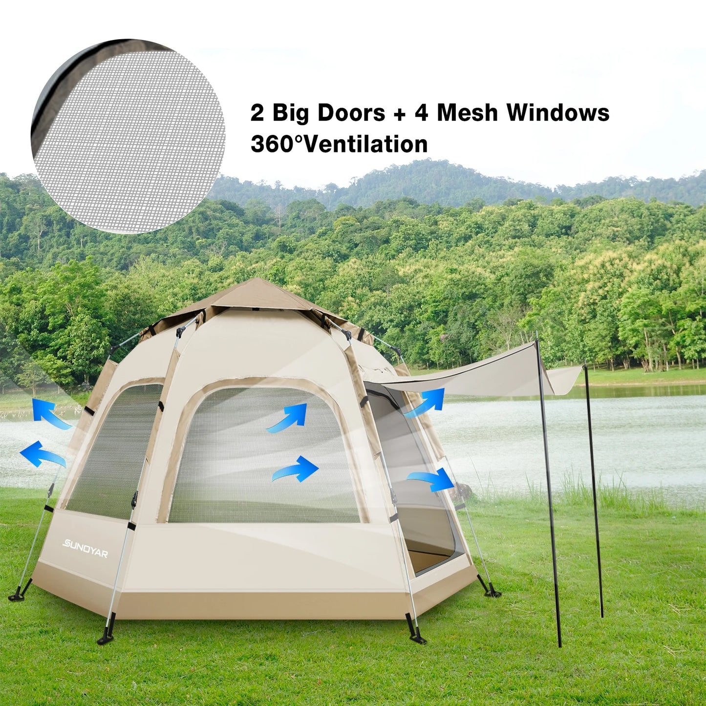 6-8 Person Tent, Instant Pop up Tent Water-Resistant, Easy Setup Camping Tent with Removable Rainfly and Carry Bag for Outdoor/Hiking/Backpacking