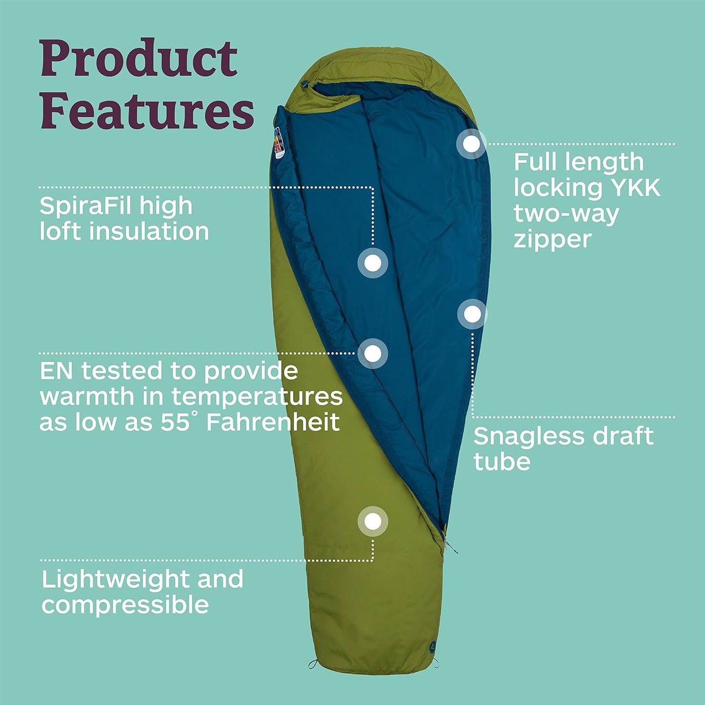 Voyager 45° or 55° Mummy Sleeping Bags, Synthetic Spirafil Insulation for Camping & Backpacking