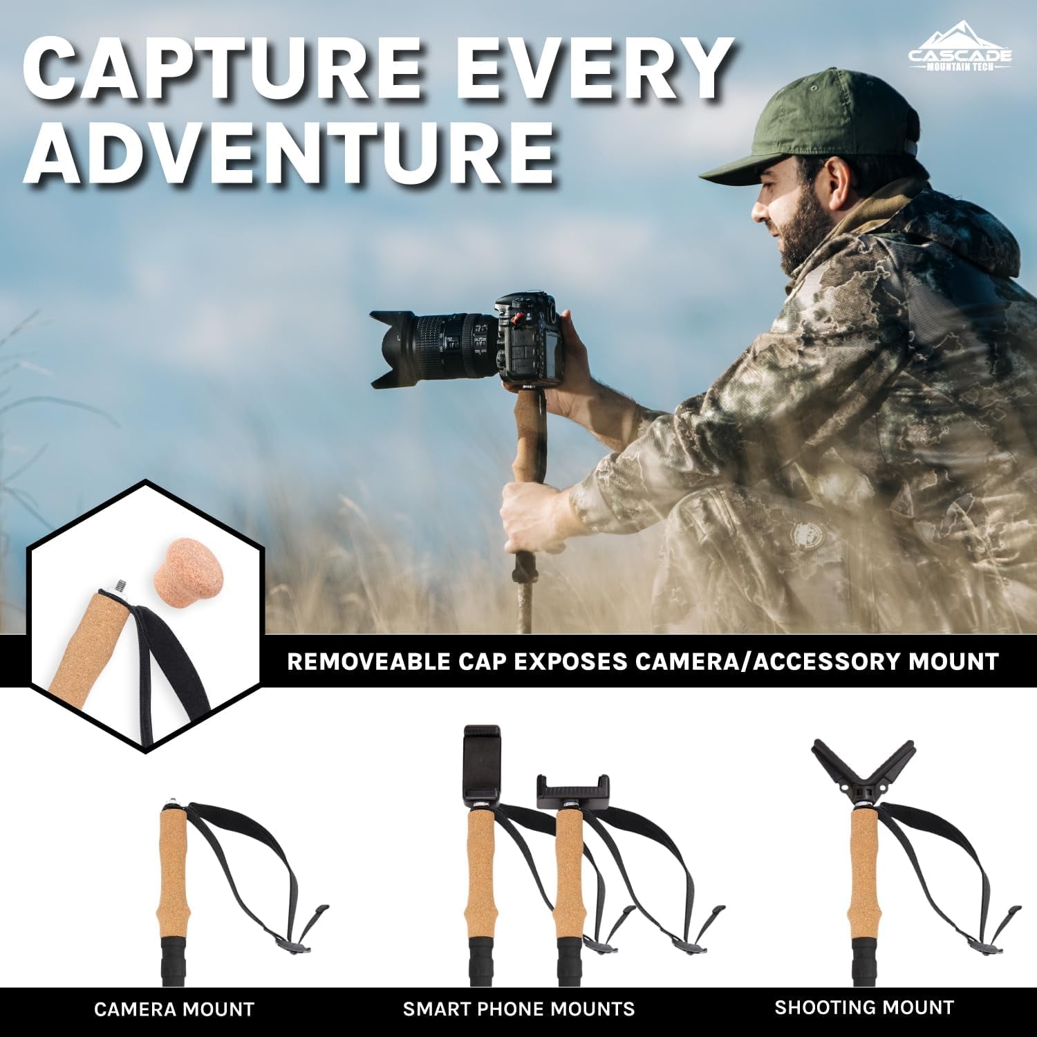 Trekking Poles - Carbon Fiber Monopod Walking or Hiking Sticks with with Accessories Mount and Adjustable Quick Locks