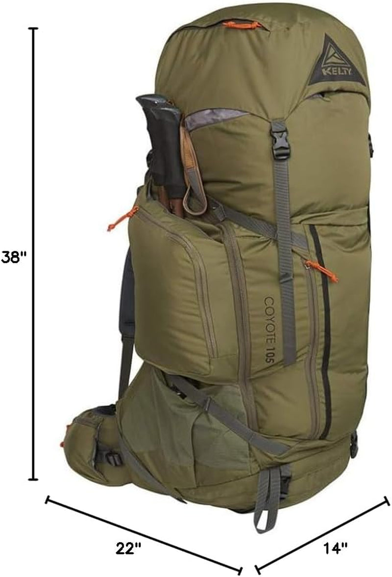 Coyote 60-105 Liter Internal Frame Backpack - Hiking, Backpacking, Travel, Hydration Compatible, Fully Adjustable (105L / Dark Olive)