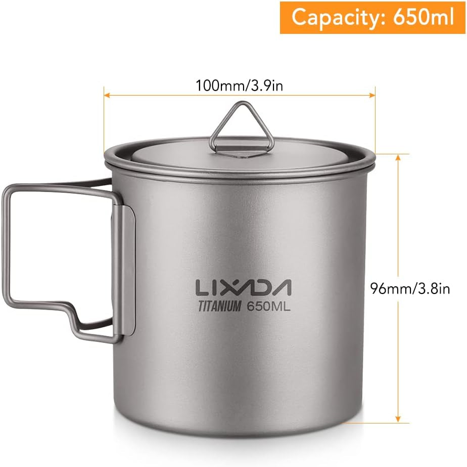 Titanium Pot, Lightweight Camping Pot Titanium Cup Titanium Backpacking Pot with Portable Foldable Handles for Outdoor Camping Hiking Backpacking