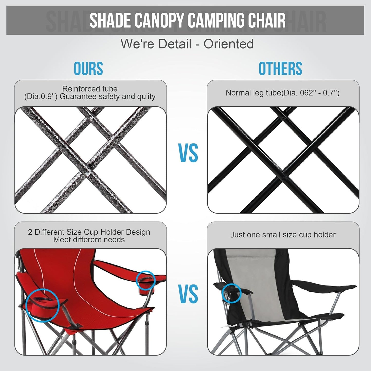 Camp Chairs with Shade Canopy Chair Folding Camping Recliner Support 350 LBS