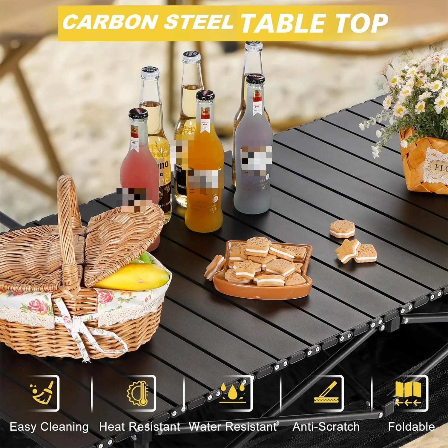 Camping Table with Carry Bag, Folding Camping Table with Storage, Carbon Steel Roll up Table with Adjustable Height, Portable Picnic Table for Outdoor Camping Travel Backyard BBQ Patio Beach