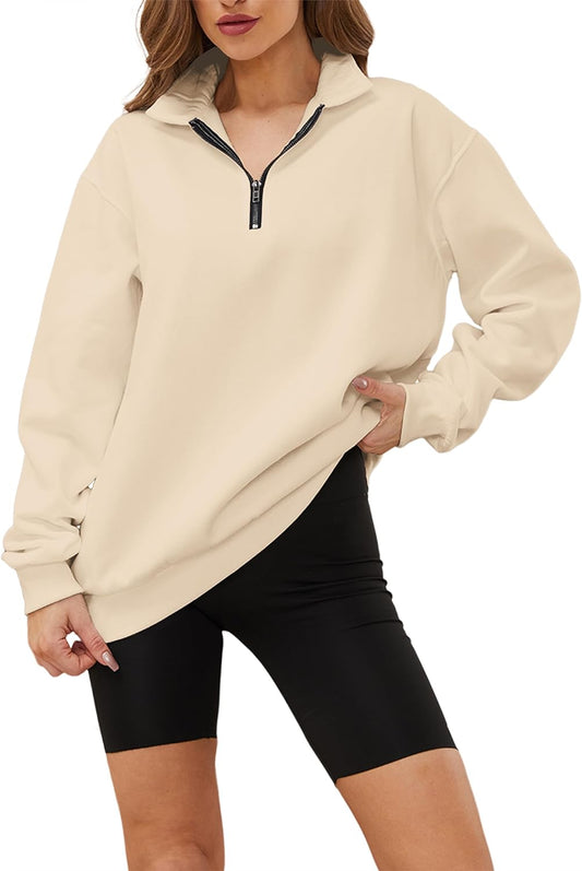 Womens Half Zip Sweatshirt Oversized Long Sleeve Collar Drop Shoulder Solid 1/4 Zipper Pullover Jacket