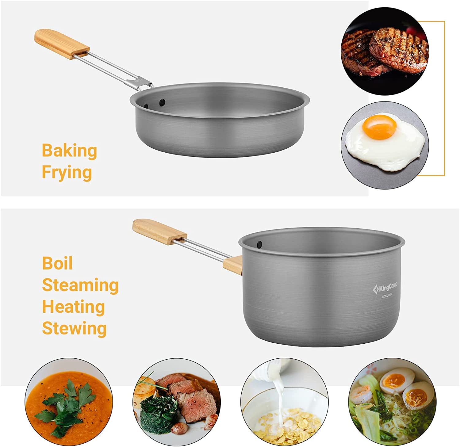 7Pcs Camping Cookware Mess Kit Aluminum Folding Camping Pots and Pans Set with Bamboo Handle Lightweight Backpacking Cooking Set Outdoor Cook Gear for Family Hiking Picnic