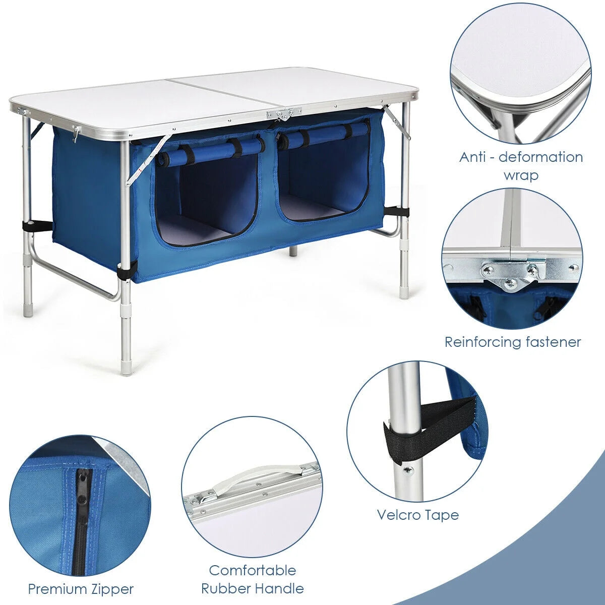 Folding Camping Table Aluminum Height Adjustable W/ Storage Organizer Dark Blue