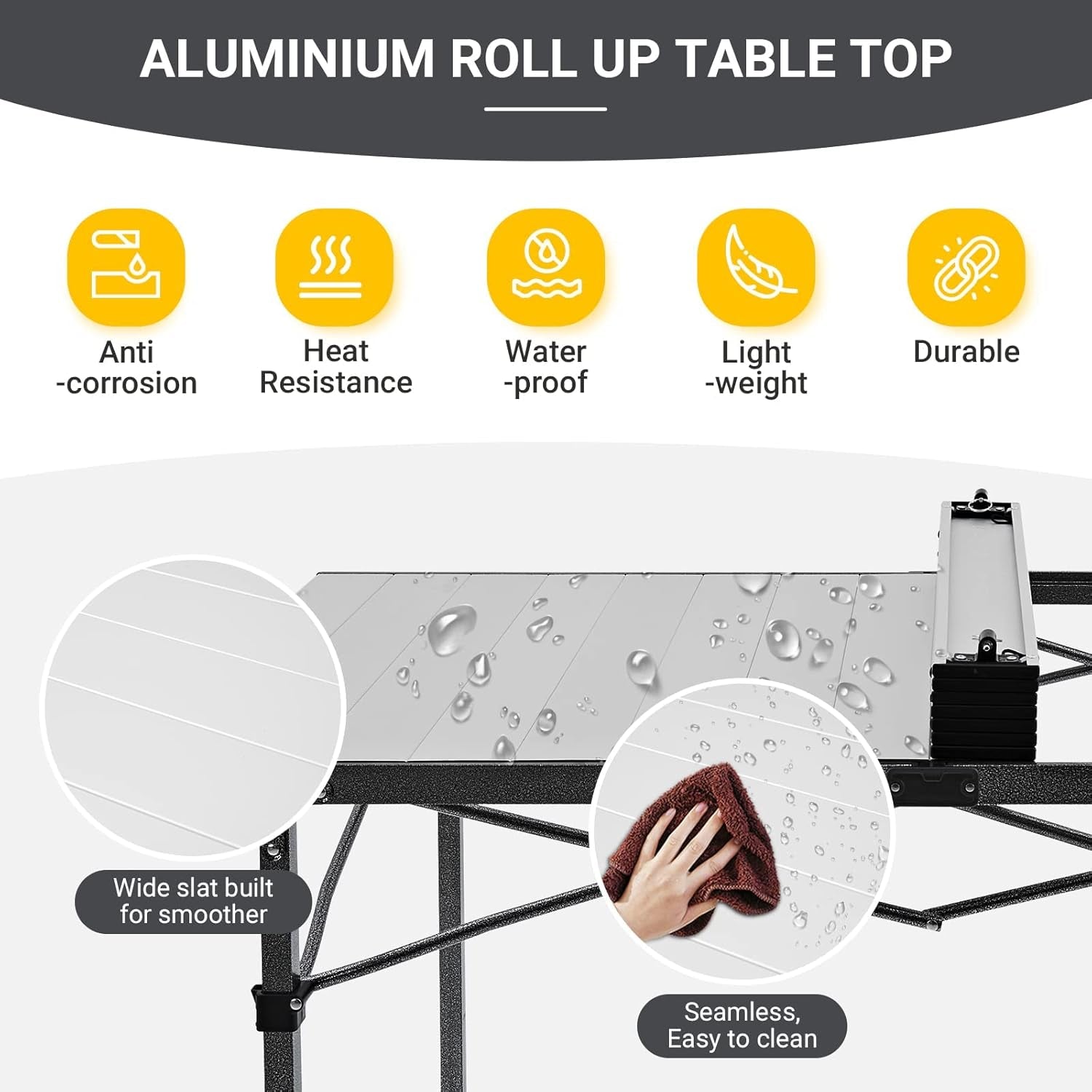 Folding Camping Table, Aluminum Roll-Up Camp Table, Large Foldable Table for 6-8 Person, Outdoor Portable Table with Carry Bag, 180 LBS Heavy Duty Load, Ideal for Picnic, Backyards, BBQ.