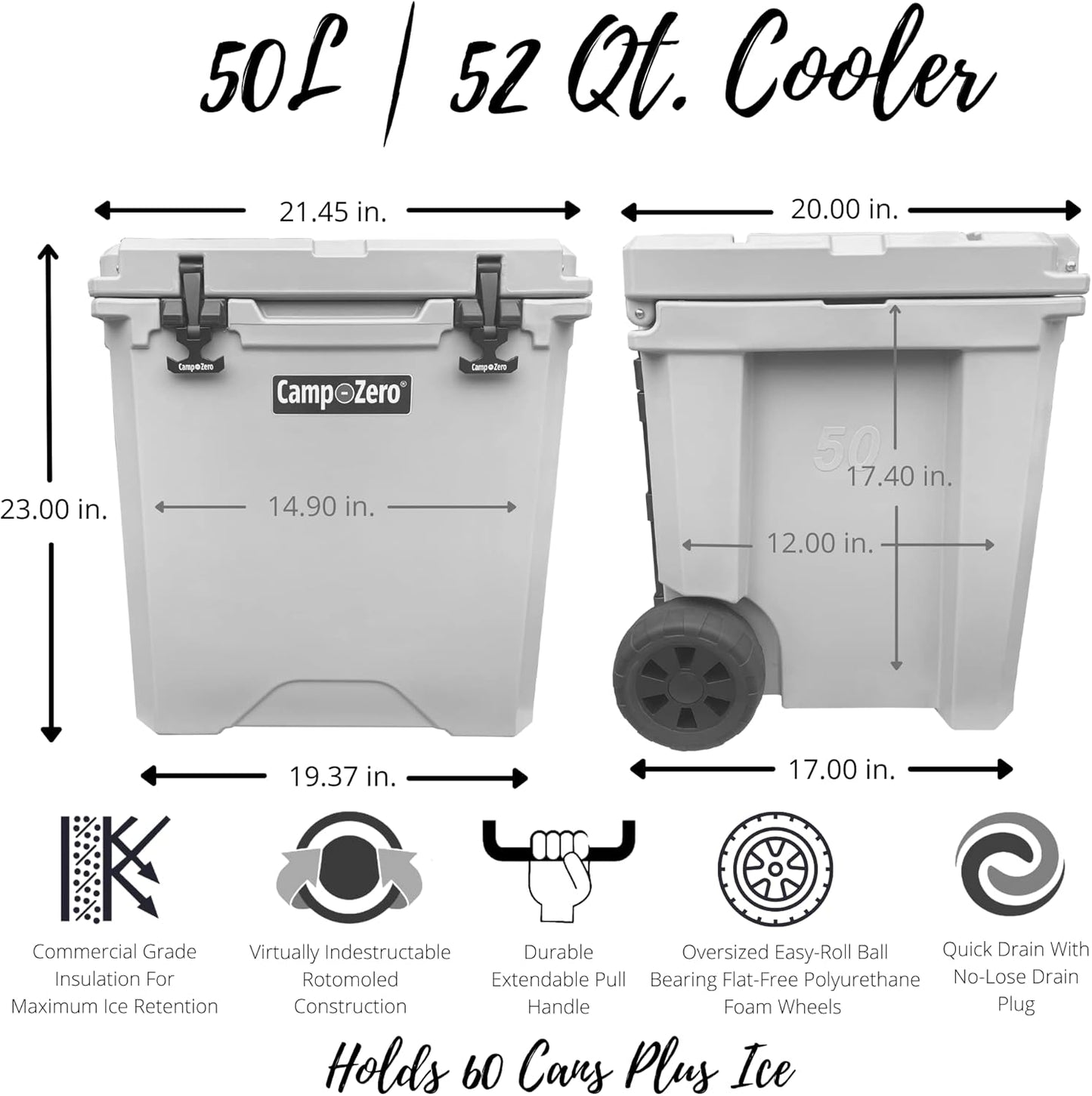 50L- 52 Quart Hard Cooler with Easy-Roll Oversized Wheels, Extendable Aluminum Pull Handle, Perfect Insulated Ice Chest for Beverages, Beach, Camping, Family Picnics, Fishing and Boating