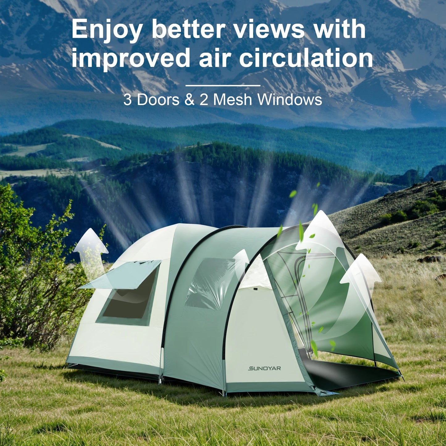 10-12 Person Tent, Family  with 2 Rooms, 4 Doors, Carry Bag, Water-Resistant, Easy up Tents for Camping/Traveling/Family Gathering/Hiking