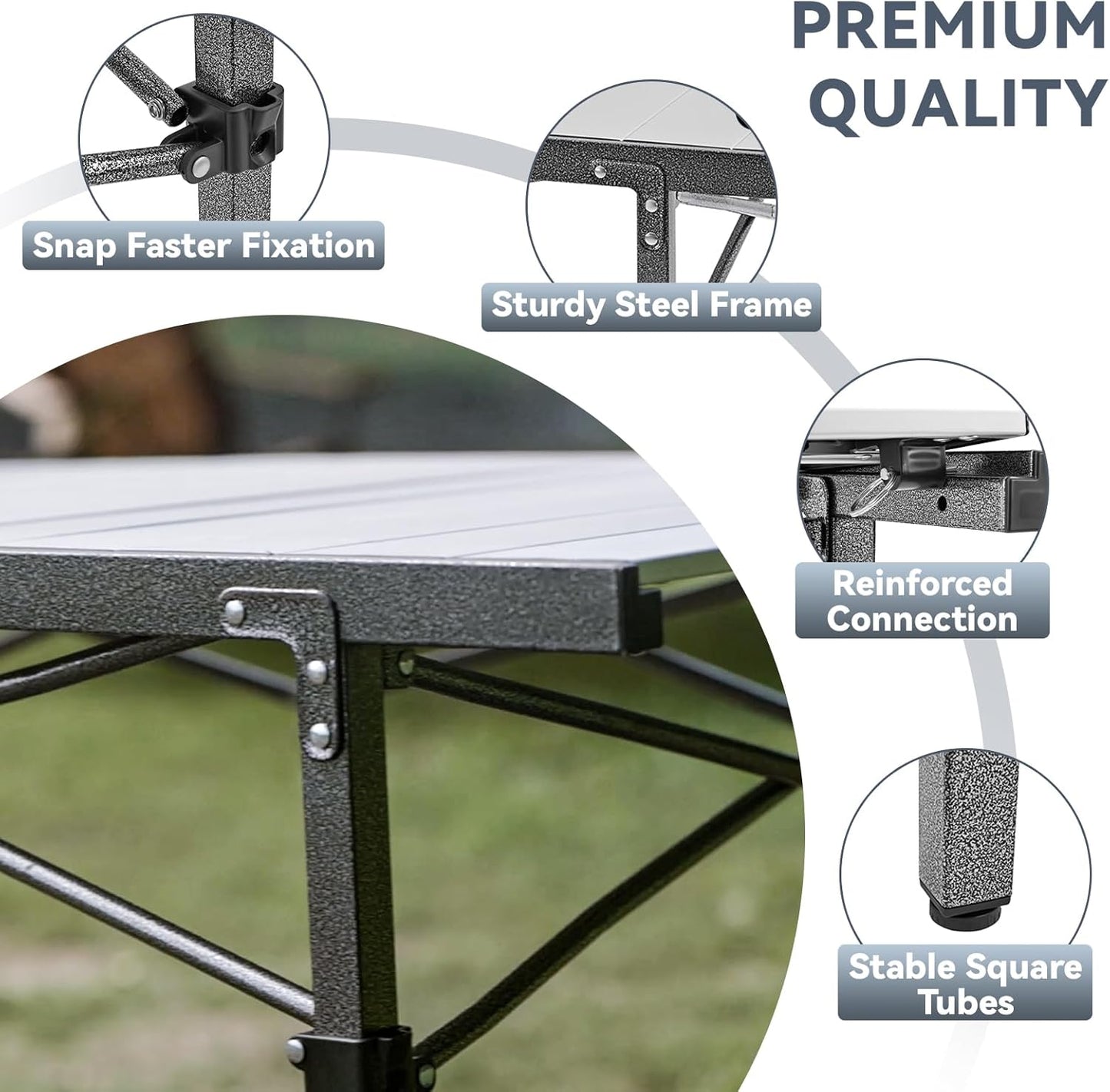 Folding Camping Table, Aluminum Roll-Up Camp Table, Large Foldable Table for 6-8 Person, Outdoor Portable Table with Carry Bag, 180 LBS Heavy Duty Load, Ideal for Picnic, Backyards, BBQ.