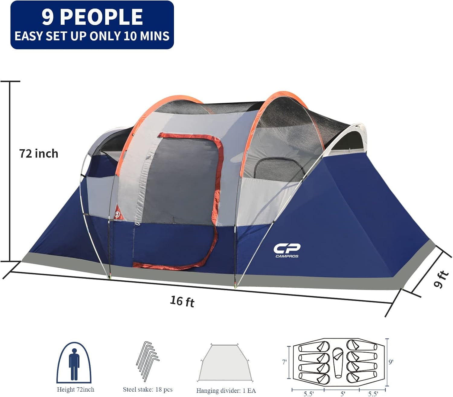 Tent 9 Person Camping Tents, 2 Room Water Resistant Family Tent with Top Rainfly, 4 Large Mesh Windows, Double Layer, Easy Set Up, Portable with Carry Bag