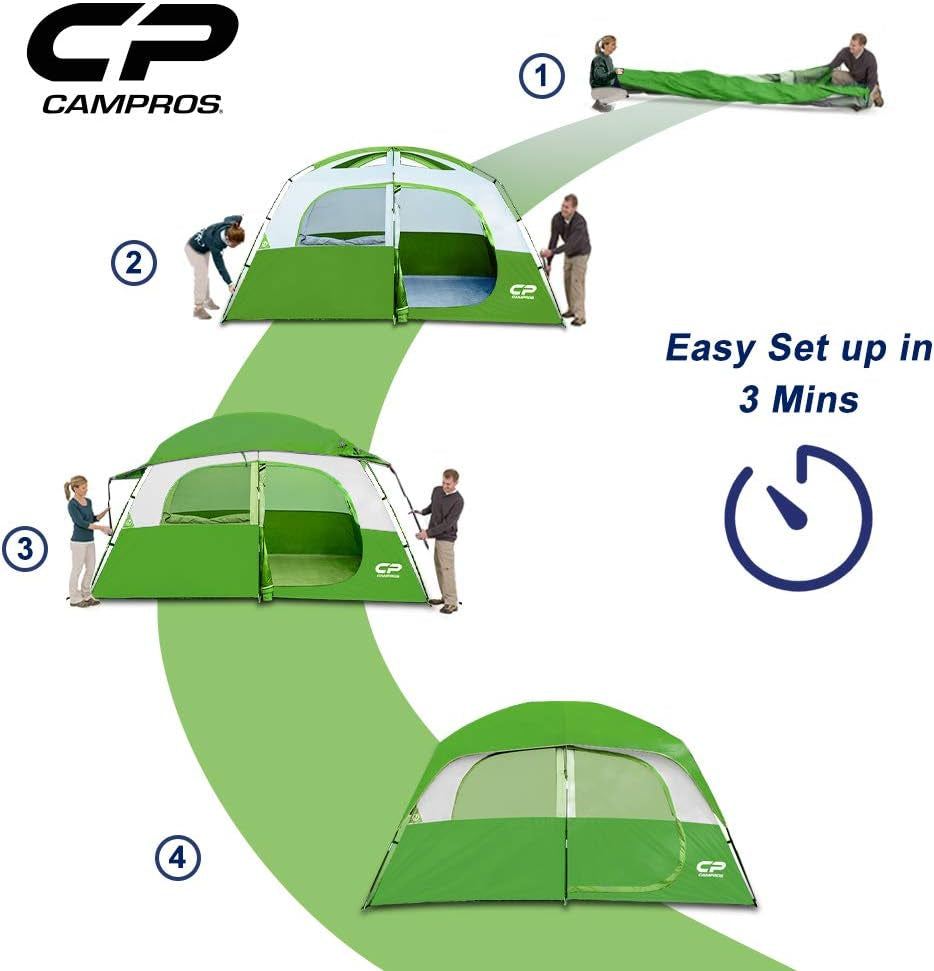 CAMPROS Tent-6/8-Person-Camping-Tents, Waterproof Windproof Family Tent with Top Rainfly, 4 Large Mesh Windows, Double Layer, Easy Set Up, Portable with Carry Bag, for All Seasons