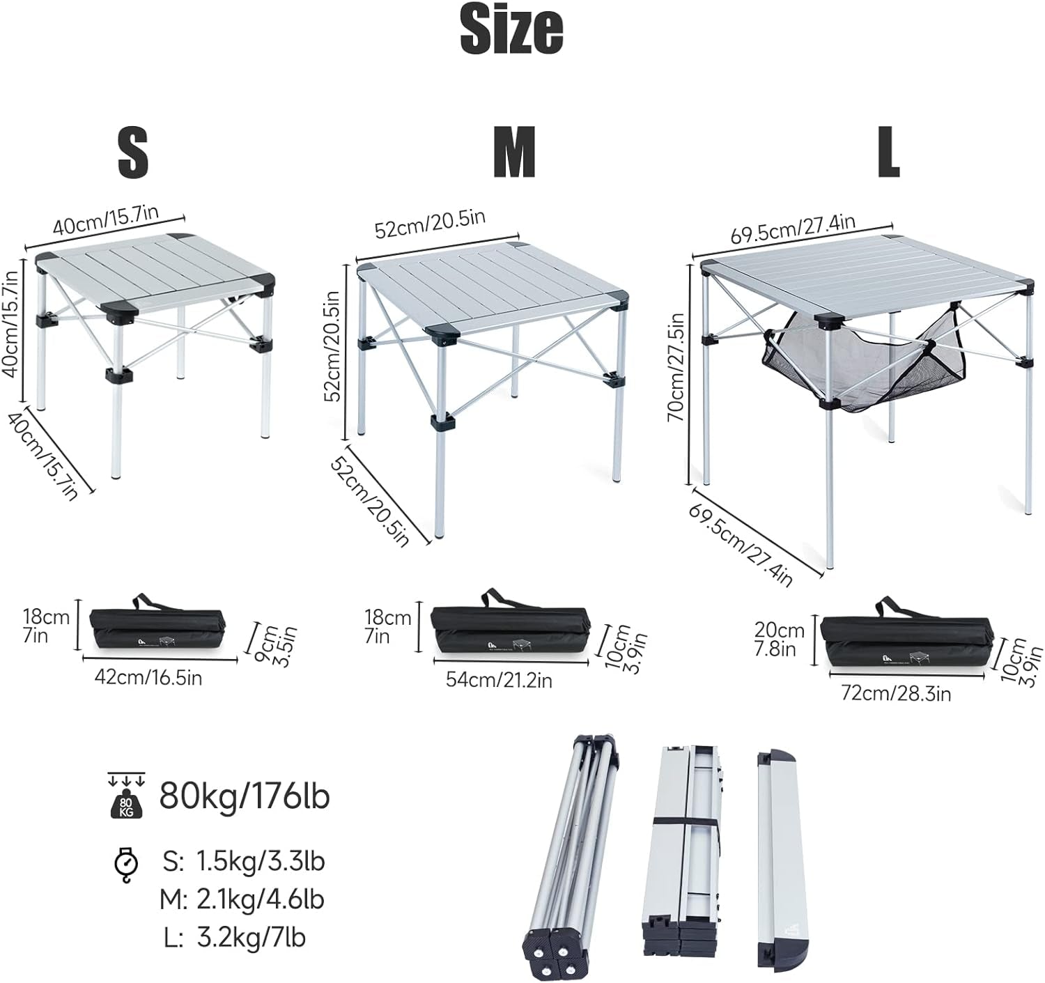 Lightweight Stable Alu. Folding Square Table Roll up Top with Carry Bag for Camping Picnic Backyards BBQ Camp Kitchen (Silver, L)