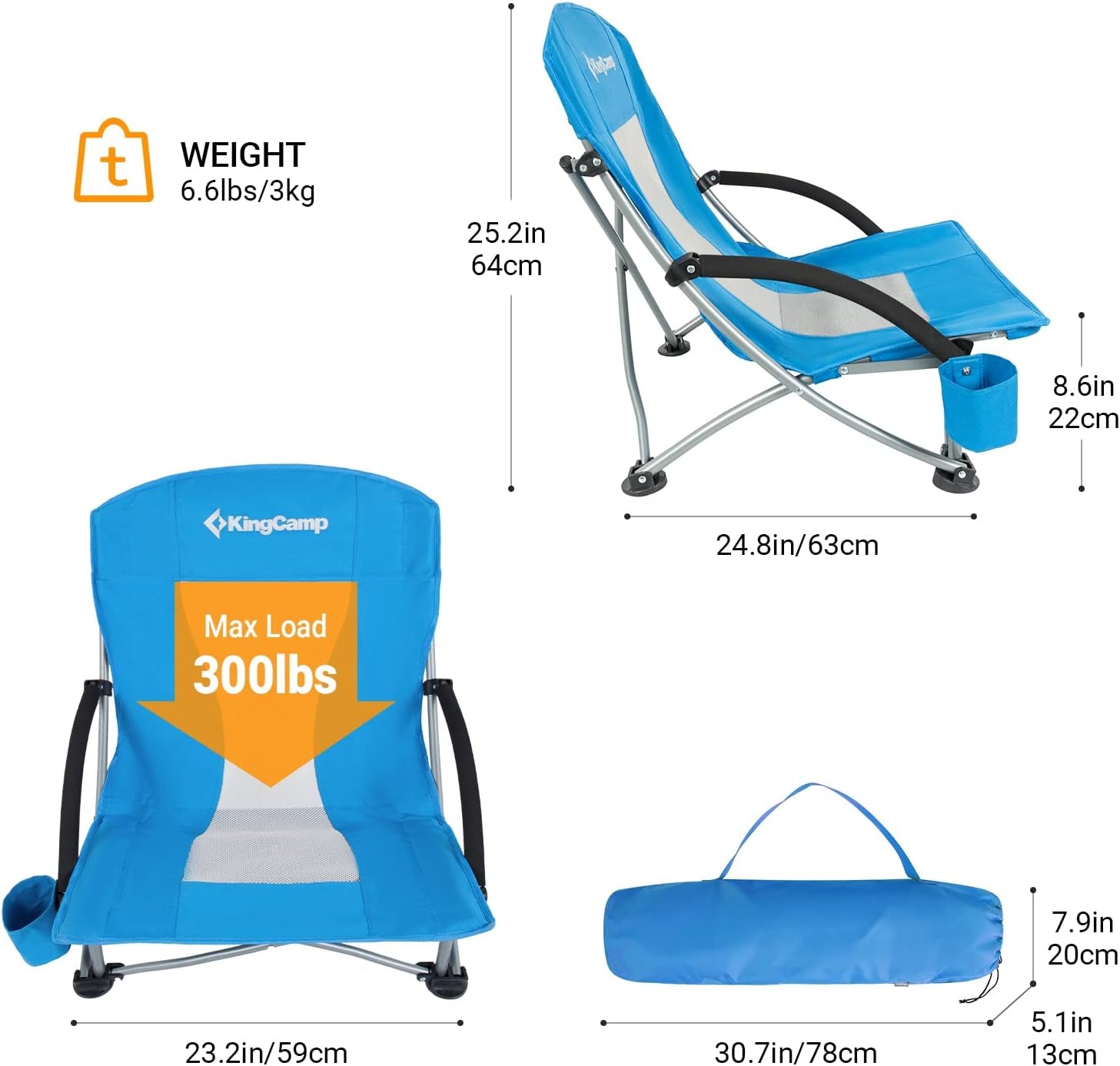 Folding Backpack Beach Chair - Portable & Heavy Duty Beach Gear with 300Lbs Capacity, Low Seat Design, Lightweight Camping Chair for Adults, Beach, Picnic, Concert & Outdoor Activities