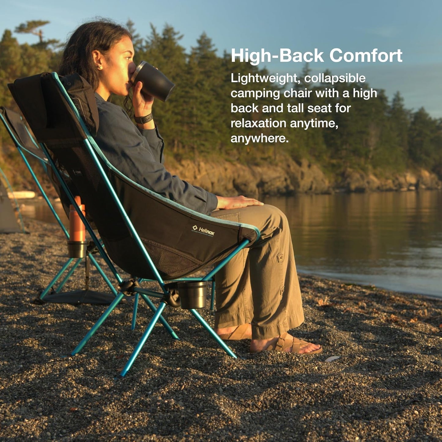 Sunset Chair Lightweight, High-Back, Compact, Collapsible Camping Chair, Black, with Pockets