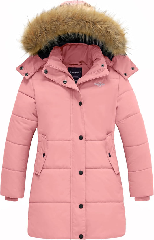 Girl'S Winter Jacket Long Puffer Coat Fleece Outerwear Jacket with Hood Waterproof